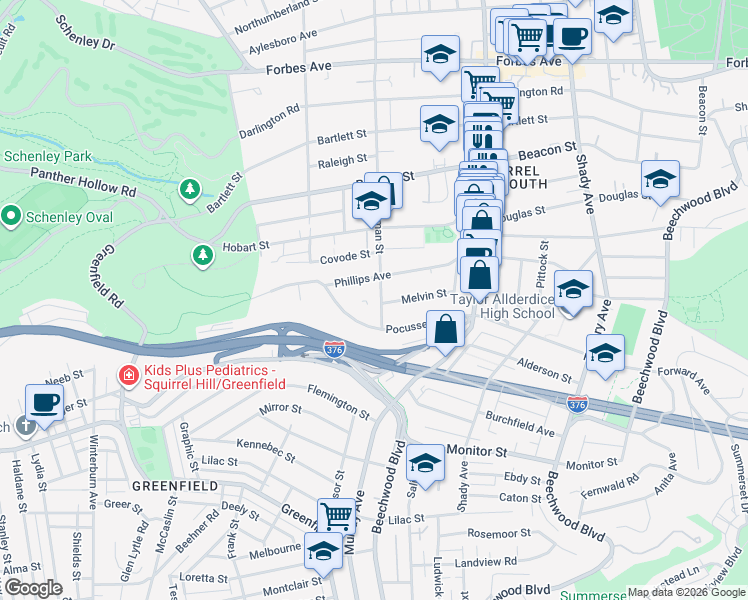 map of restaurants, bars, coffee shops, grocery stores, and more near 2220 Wightman Street in Pittsburgh