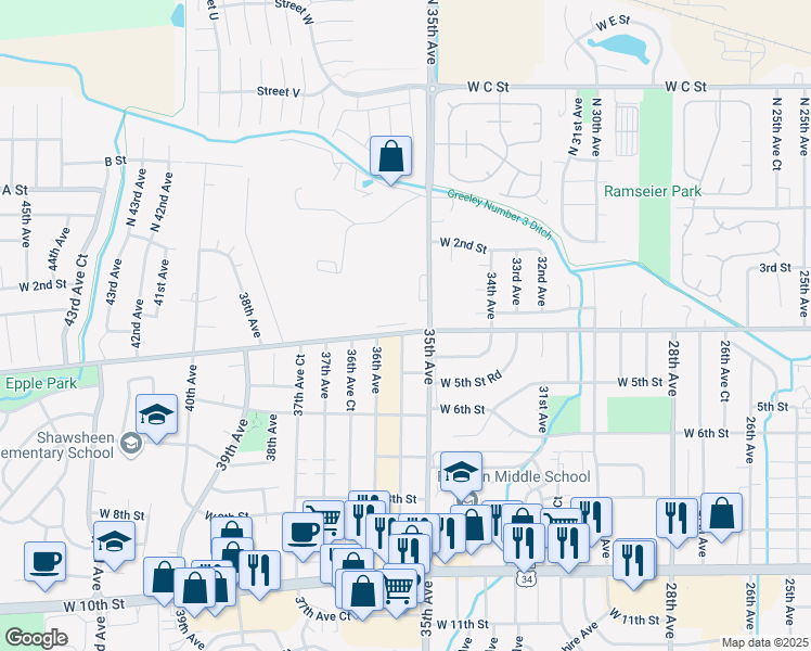 map of restaurants, bars, coffee shops, grocery stores, and more near 3529 West 4th Street in Greeley