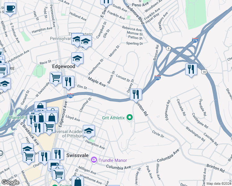 map of restaurants, bars, coffee shops, grocery stores, and more near 428 Maple Avenue in Swissvale