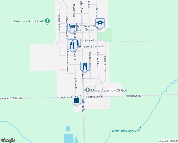 map of restaurants, bars, coffee shops, grocery stores, and more near 313 South Maple Avenue in Minier