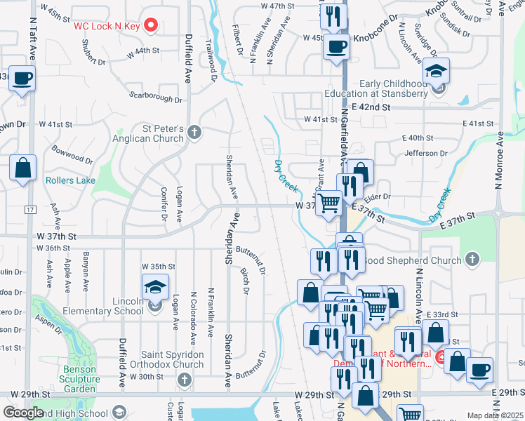map of restaurants, bars, coffee shops, grocery stores, and more near 3680 Butternut Drive in Loveland