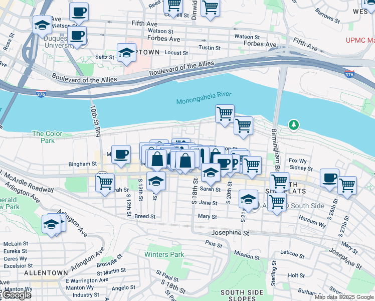 map of restaurants, bars, coffee shops, grocery stores, and more near 1713 Fox Way in Pittsburgh