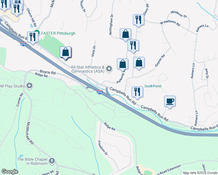 map of restaurants, bars, coffee shops, grocery stores, and more near Campbells Run Road in Allegheny County
