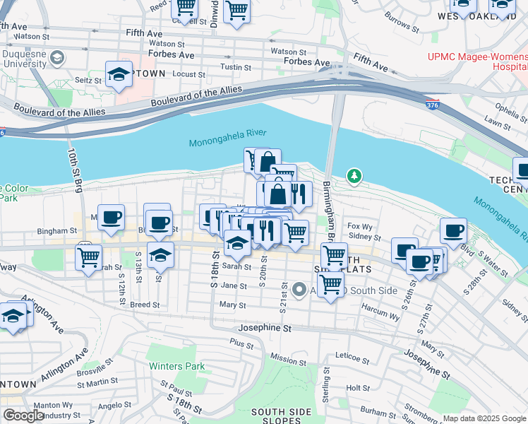 map of restaurants, bars, coffee shops, grocery stores, and more near 2021 Wharton Street in Pittsburgh