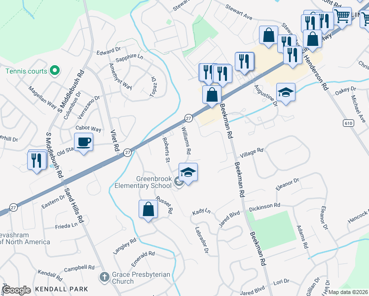 map of restaurants, bars, coffee shops, grocery stores, and more near 5 Williams Road in South Brunswick Township