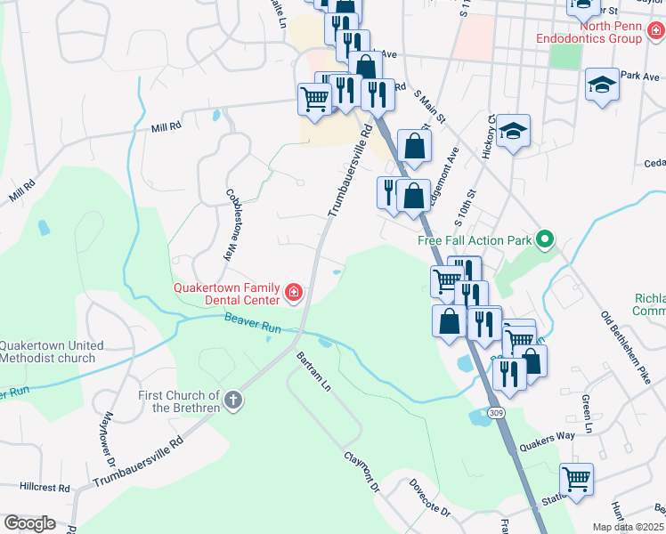 map of restaurants, bars, coffee shops, grocery stores, and more near 205 Trumbauersville Road in Quakertown