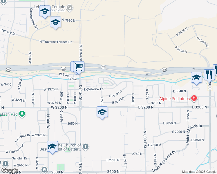 map of restaurants, bars, coffee shops, grocery stores, and more near 235 East Clubview Lane in Lehi