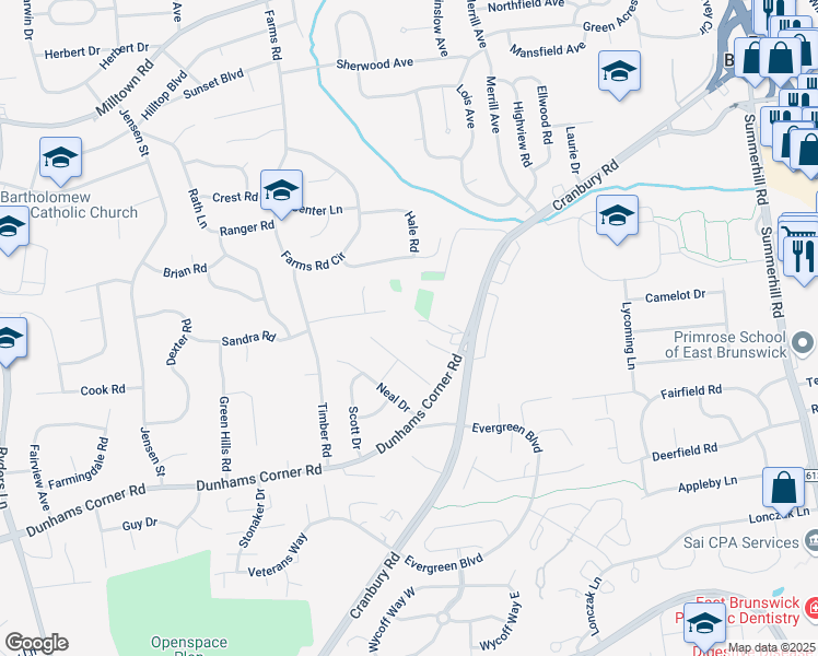 map of restaurants, bars, coffee shops, grocery stores, and more near 149 Dunhams Corner Road in East Brunswick