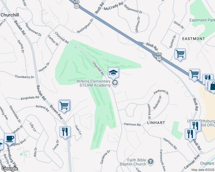 map of restaurants, bars, coffee shops, grocery stores, and more near 361 Churchill Road in Pittsburgh