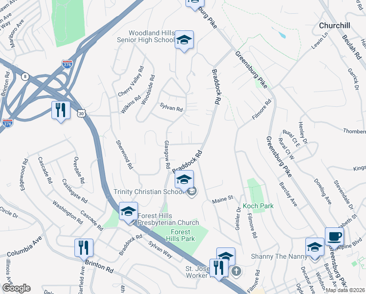map of restaurants, bars, coffee shops, grocery stores, and more near 218 Glasgow Road in Pittsburgh