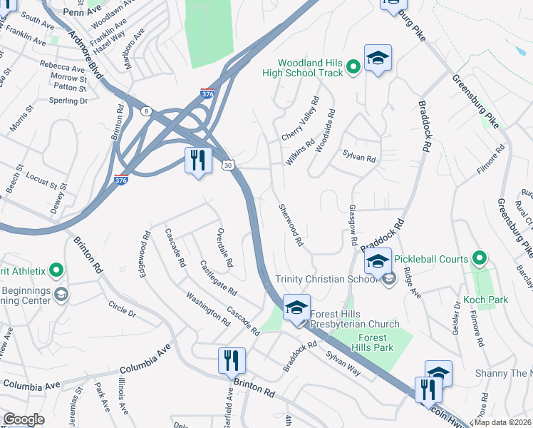map of restaurants, bars, coffee shops, grocery stores, and more near 105 Fall Run Road in Pittsburgh