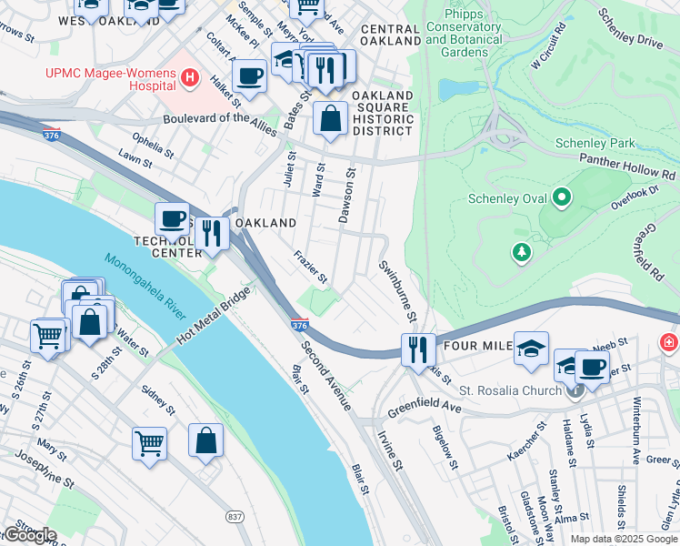 map of restaurants, bars, coffee shops, grocery stores, and more near 3237 Dawson Street in Pittsburgh