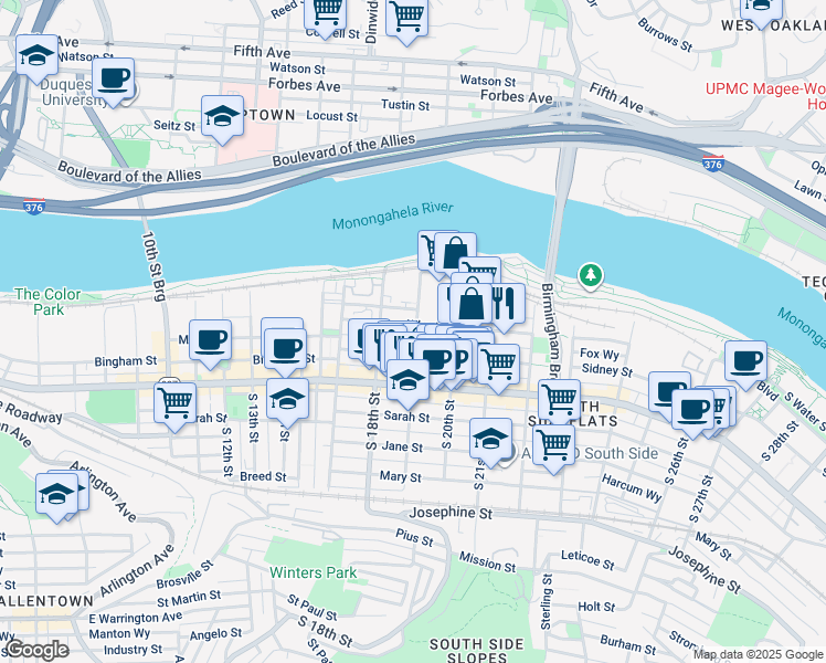 map of restaurants, bars, coffee shops, grocery stores, and more near 33 South 19th Street in Pittsburgh