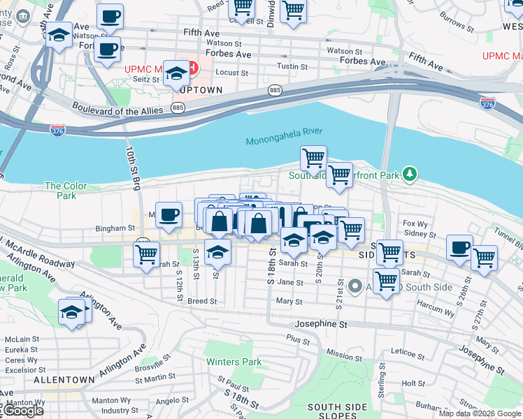 map of restaurants, bars, coffee shops, grocery stores, and more near 31 South 17th Street in Pittsburgh