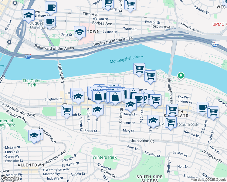 map of restaurants, bars, coffee shops, grocery stores, and more near 31 South 17th Street in Pittsburgh