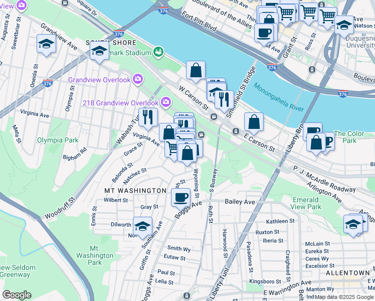 map of restaurants, bars, coffee shops, grocery stores, and more near 123 Shiloh Street in Pittsburgh