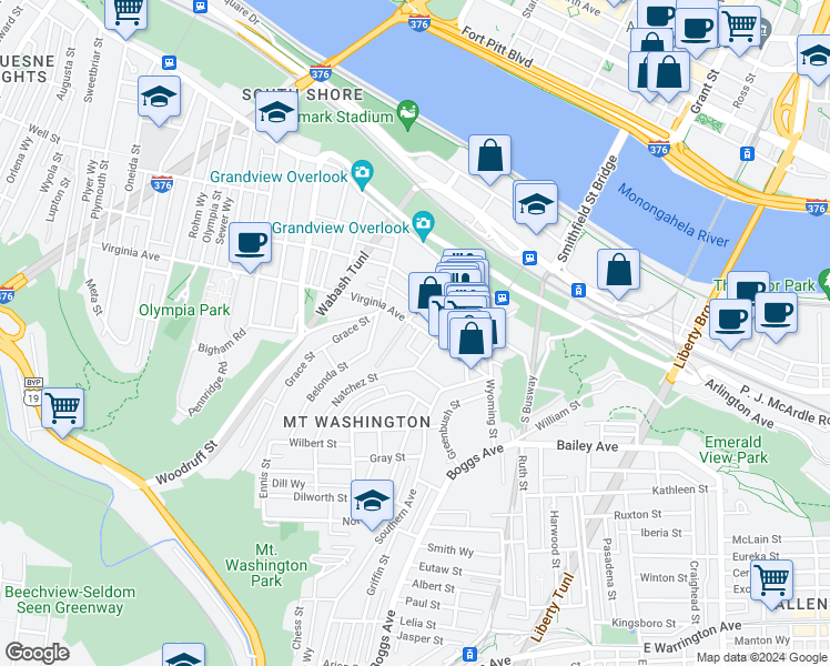 map of restaurants, bars, coffee shops, grocery stores, and more near 214 Virginia Avenue in Pittsburgh