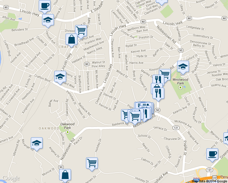 map of restaurants, bars, coffee shops, grocery stores, and more near 1723 Barr Avenue in Pittsburgh
