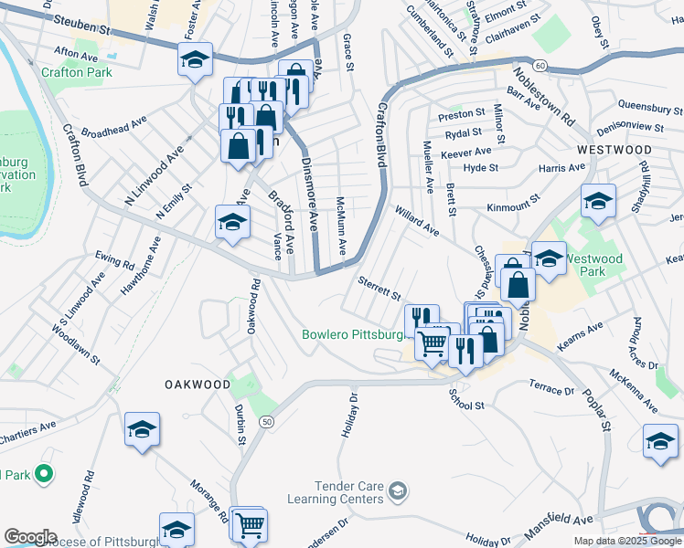 map of restaurants, bars, coffee shops, grocery stores, and more near 25 McMunn Avenue in Pittsburgh