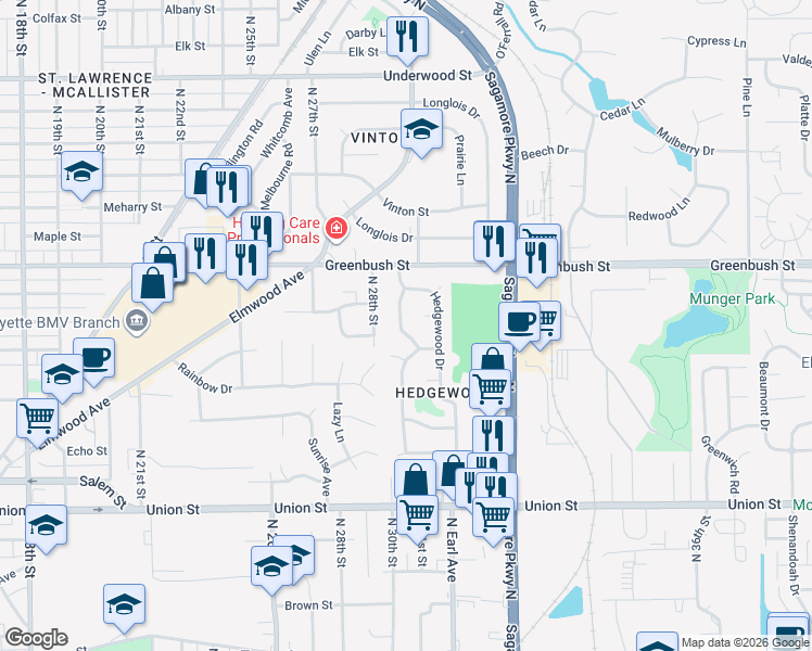 map of restaurants, bars, coffee shops, grocery stores, and more near 18 Longview Terrace in Lafayette