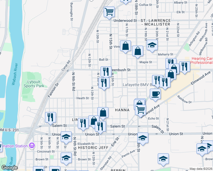 map of restaurants, bars, coffee shops, grocery stores, and more near 1328 North 15th Street in Lafayette