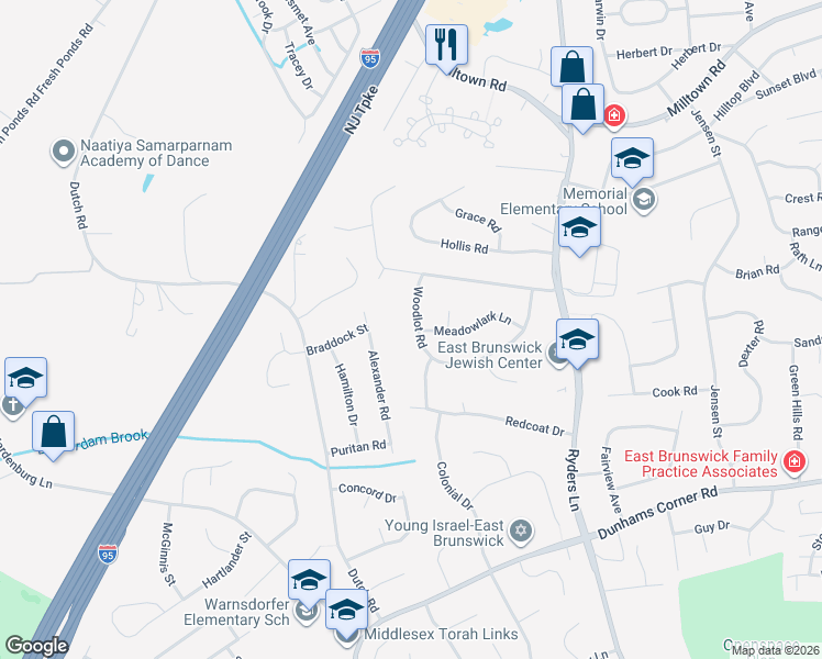 map of restaurants, bars, coffee shops, grocery stores, and more near 11 Woodlot Road in East Brunswick
