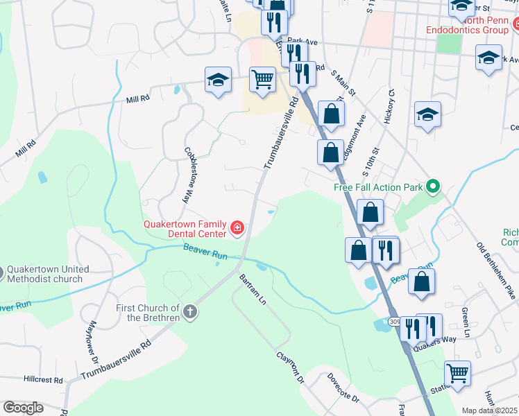 map of restaurants, bars, coffee shops, grocery stores, and more near 211 Trumbauersville Road in Quakertown