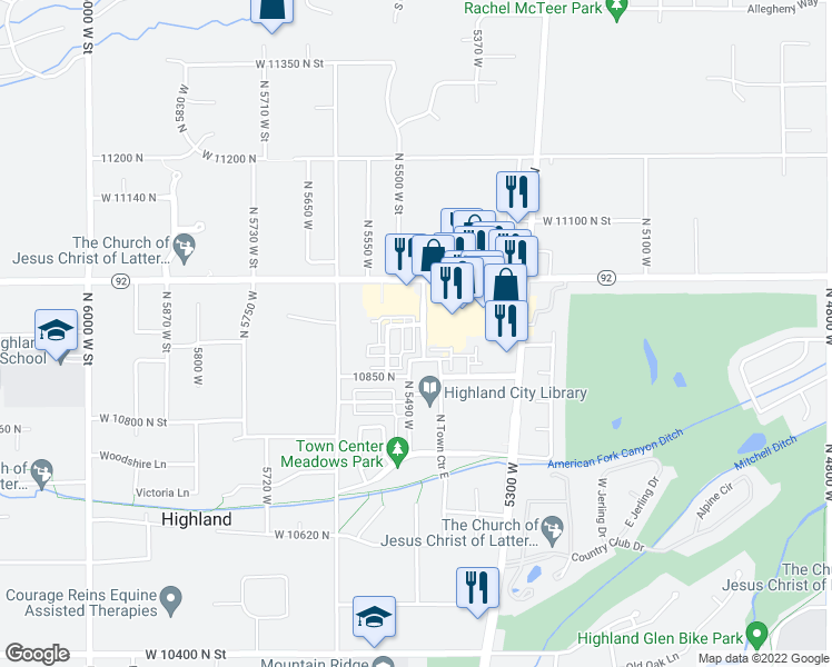 map of restaurants, bars, coffee shops, grocery stores, and more near 10919 Town Center Boulevard in Highland