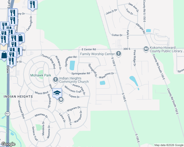 map of restaurants, bars, coffee shops, grocery stores, and more near 904 Springwater Road in Kokomo