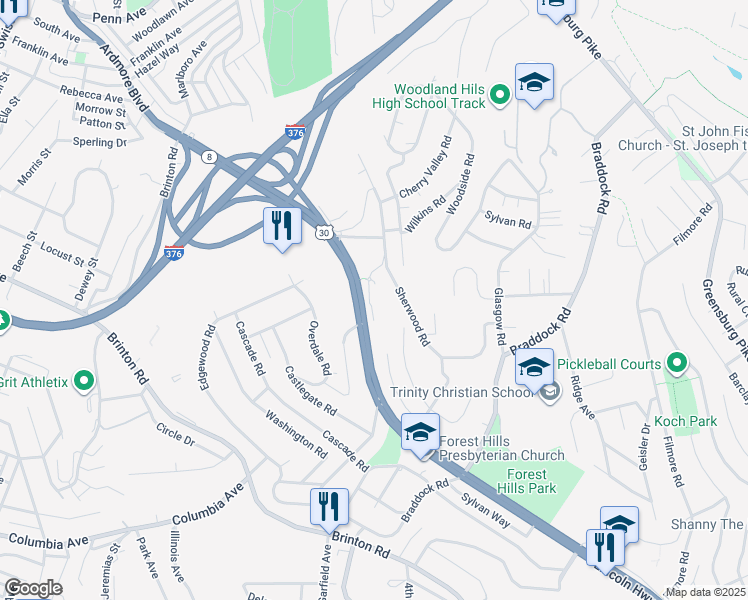 map of restaurants, bars, coffee shops, grocery stores, and more near 107 Fall Run Road in Pittsburgh