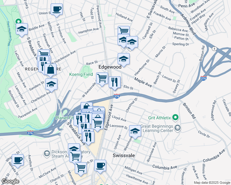map of restaurants, bars, coffee shops, grocery stores, and more near 211 Edgewood Avenue in Pittsburgh