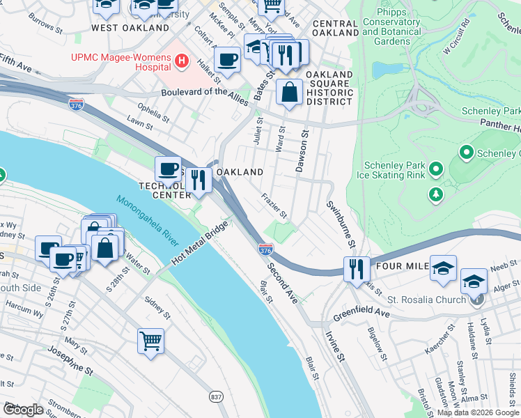 map of restaurants, bars, coffee shops, grocery stores, and more near 3524 Frazier Street in Pittsburgh