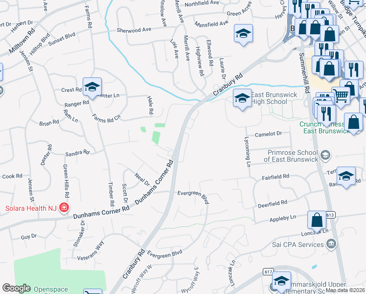 map of restaurants, bars, coffee shops, grocery stores, and more near 404 Cranbury Road in East Brunswick