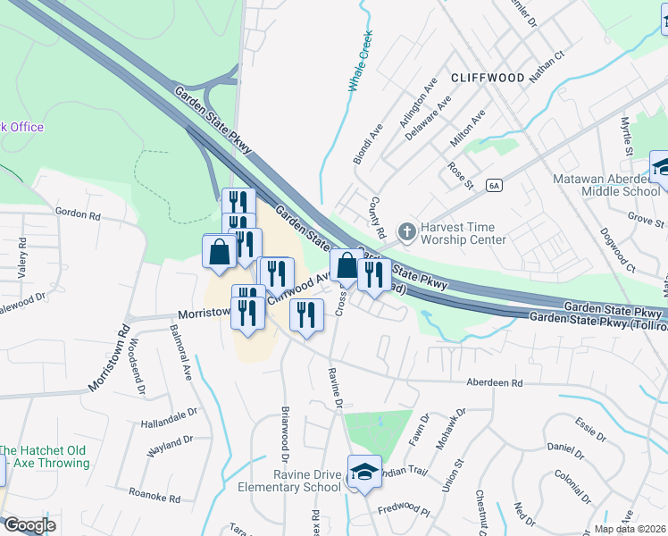 map of restaurants, bars, coffee shops, grocery stores, and more near 18 Cliffwood Avenue West in Monmouth County