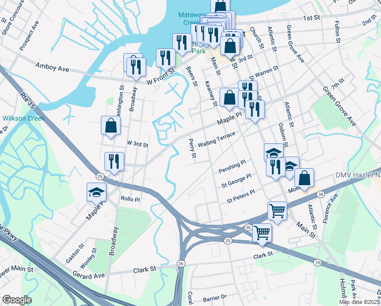 map of restaurants, bars, coffee shops, grocery stores, and more near 28 Perry Street in Keyport