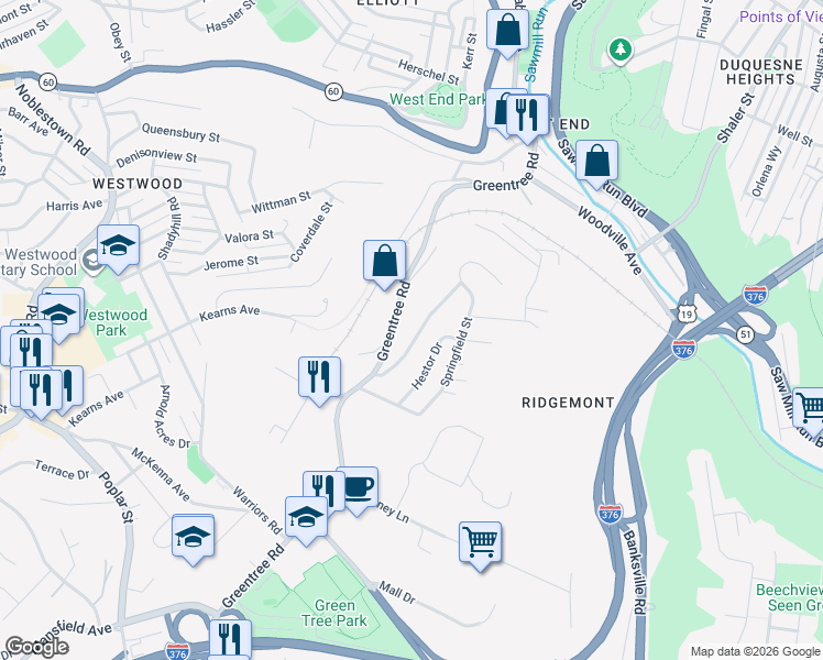 map of restaurants, bars, coffee shops, grocery stores, and more near 120 Verna Street in Pittsburgh
