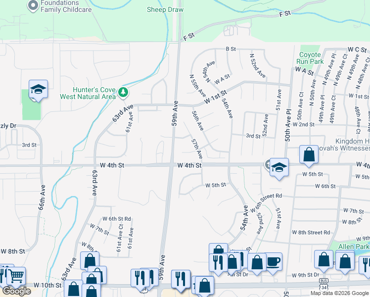 map of restaurants, bars, coffee shops, grocery stores, and more near 210 57th Avenue in Greeley