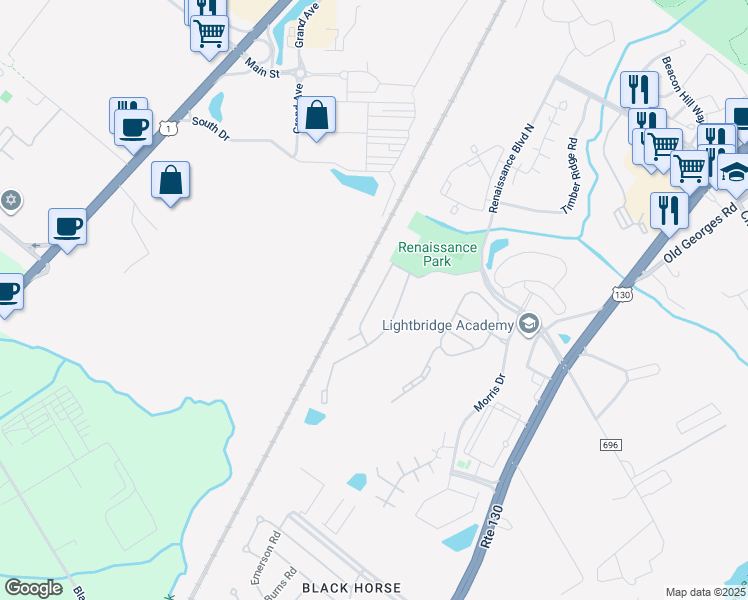map of restaurants, bars, coffee shops, grocery stores, and more near Alex Drive in North Brunswick