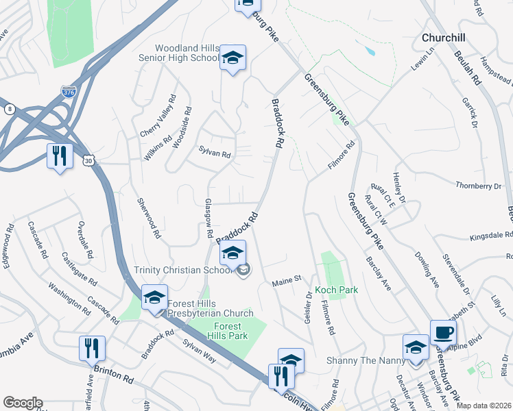 map of restaurants, bars, coffee shops, grocery stores, and more near 35 Fairview Road in Pittsburgh
