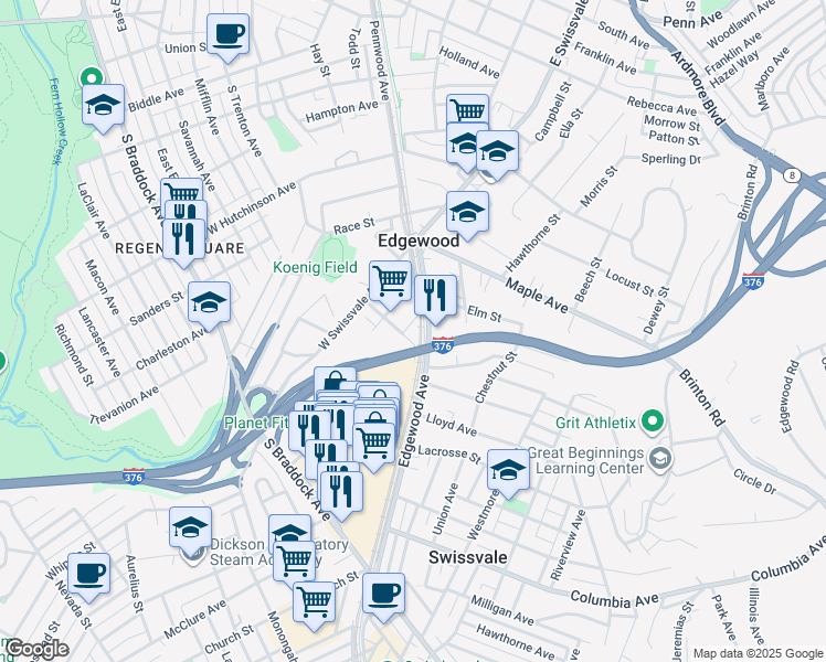 map of restaurants, bars, coffee shops, grocery stores, and more near 121 Lincoln Avenue in Swissvale
