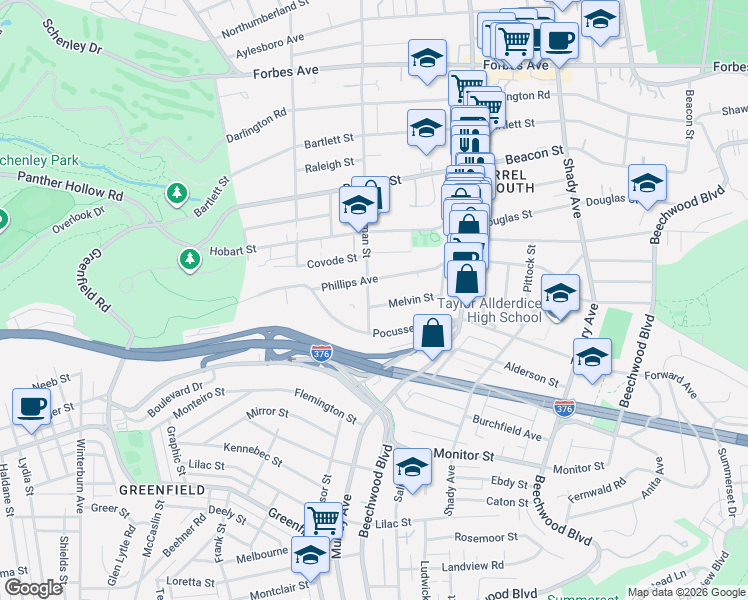 map of restaurants, bars, coffee shops, grocery stores, and more near 5556 Phillips Avenue in Pittsburgh