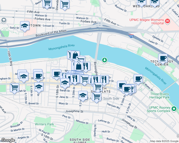 map of restaurants, bars, coffee shops, grocery stores, and more near 21 South 21st Street in Pittsburgh