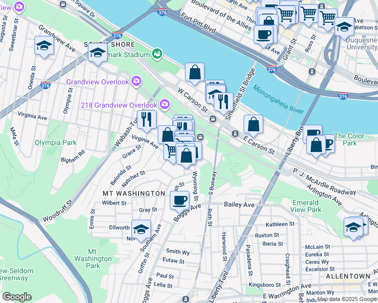 map of restaurants, bars, coffee shops, grocery stores, and more near 123 Shiloh Street in Pittsburgh