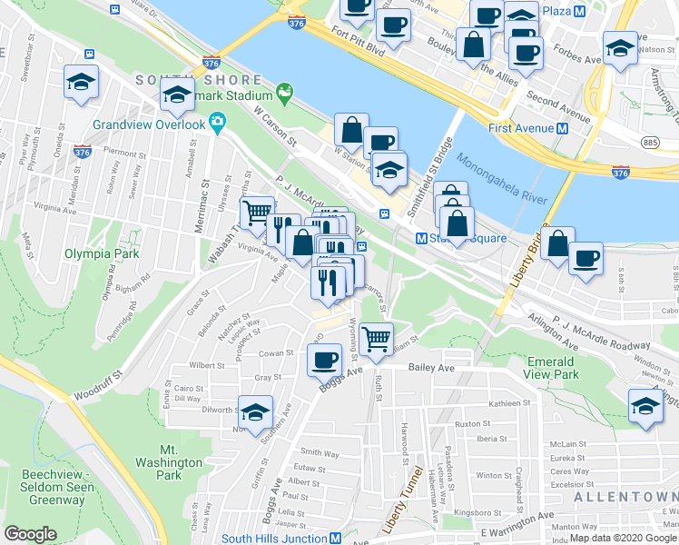 map of restaurants, bars, coffee shops, grocery stores, and more near in Pittsburgh