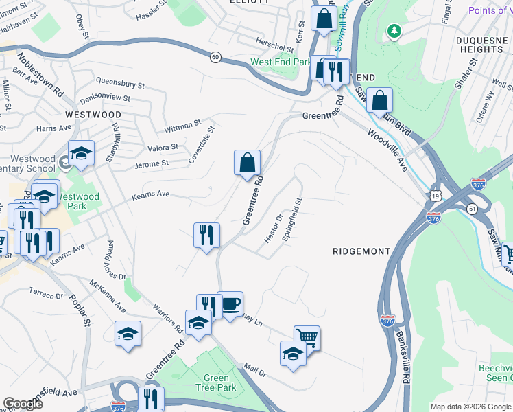 map of restaurants, bars, coffee shops, grocery stores, and more near 120 Verna Street in Pittsburgh