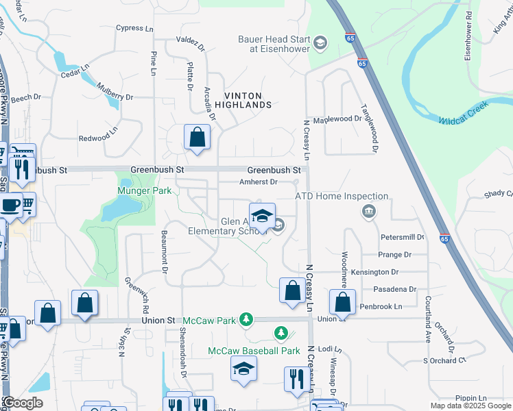 map of restaurants, bars, coffee shops, grocery stores, and more near 3740 Kimberly Dr in Lafayette