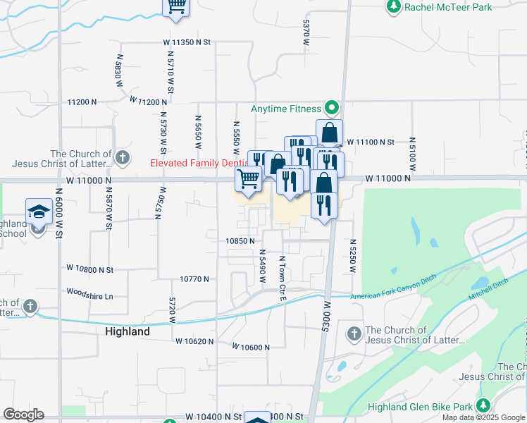 map of restaurants, bars, coffee shops, grocery stores, and more near 10925 Vercelli Drive in Highland