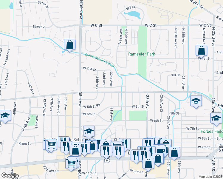 map of restaurants, bars, coffee shops, grocery stores, and more near 3115 West 3rd Street Road in Greeley