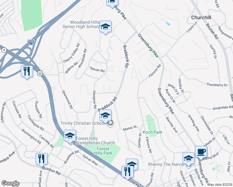 map of restaurants, bars, coffee shops, grocery stores, and more near 35 Fairview Road in Pittsburgh
