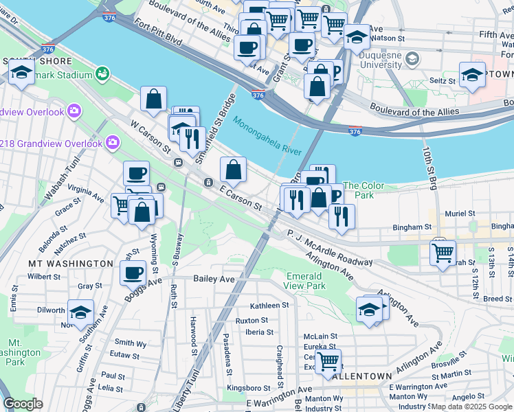 map of restaurants, bars, coffee shops, grocery stores, and more near 109 East Carson Street in Pittsburgh